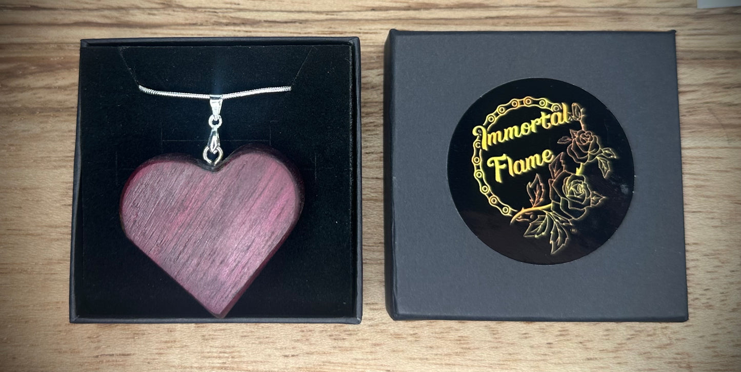 Purple Heart Hand Caved Wood Heart Sterling Silver Necklace