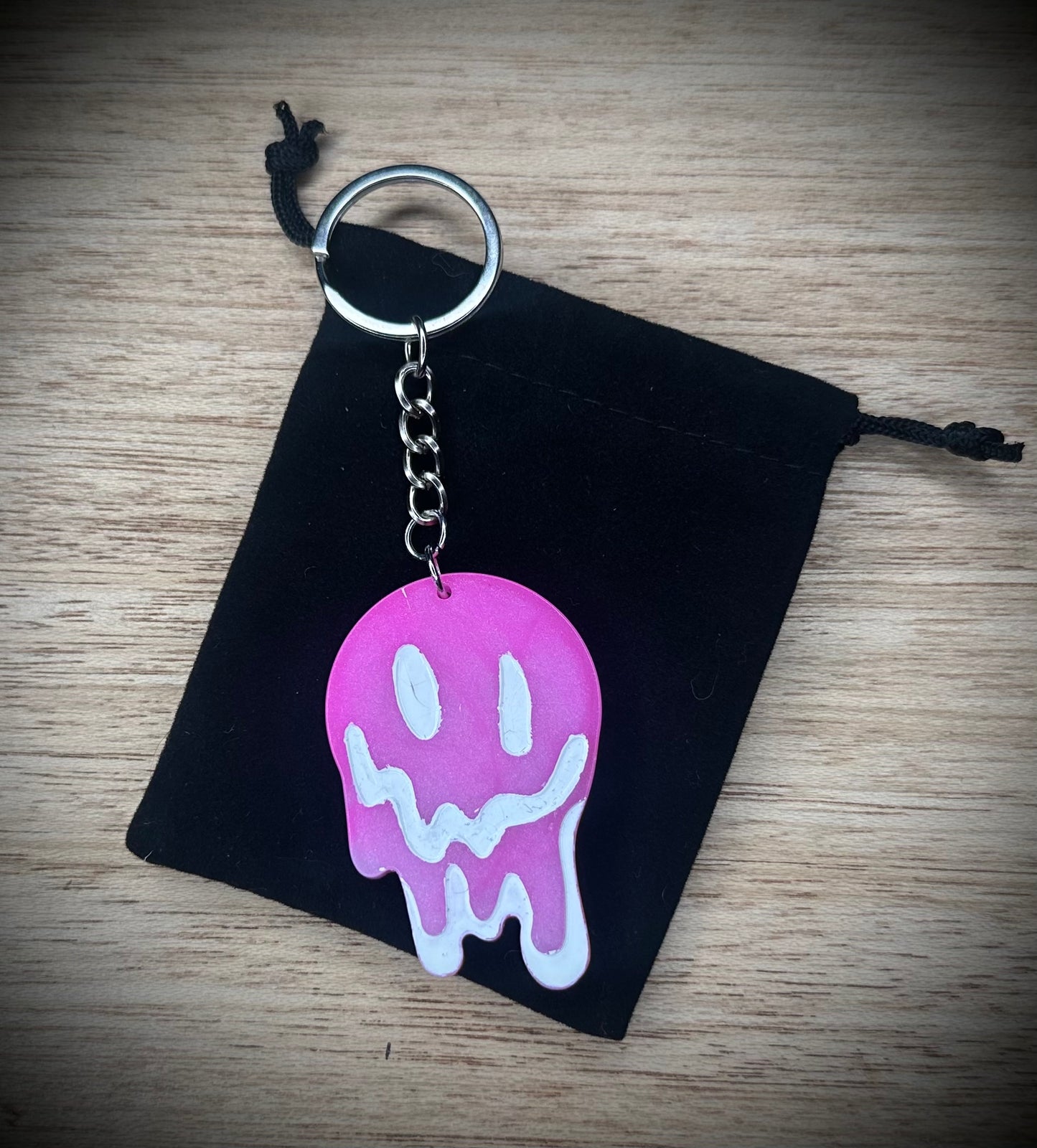Pink and White Drip Face Keyring