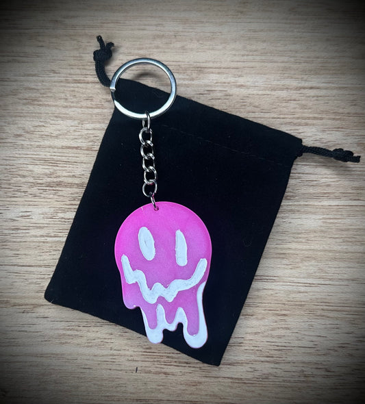 Pink and White Drip Face Keyring