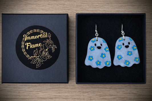 White Ghost Green Flower Sterling Silver Earrings