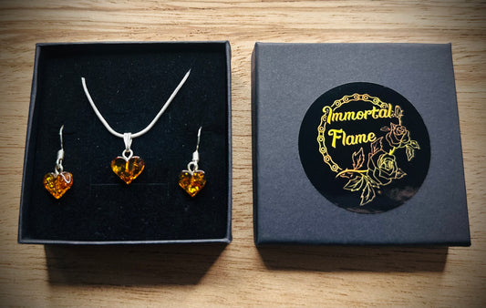 Hand Carved Heart Baltic Amber Sterling Silver Necklace and Earring Set