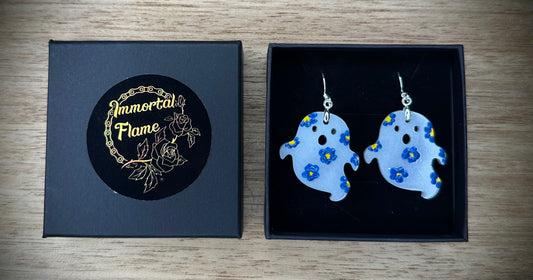White Ghost Blue Flower Sterling Silver Earrings