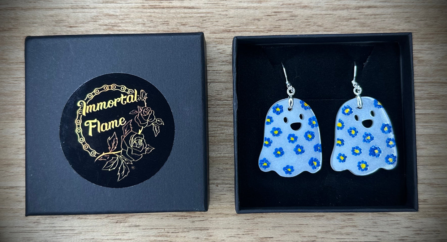 White Ghost Blue Flower Sterling Silver Earrings