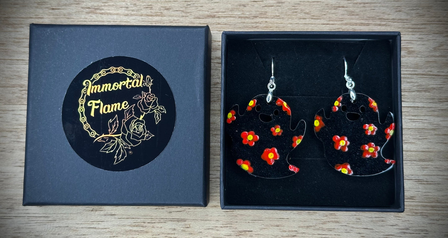 Black Ghost Red Flower Sterling Silver Earrings