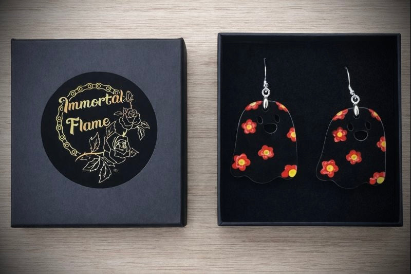 Black Ghost Red Flower Sterling Silver Earrings