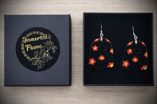 Black Ghost Red Flower Sterling Silver Earrings