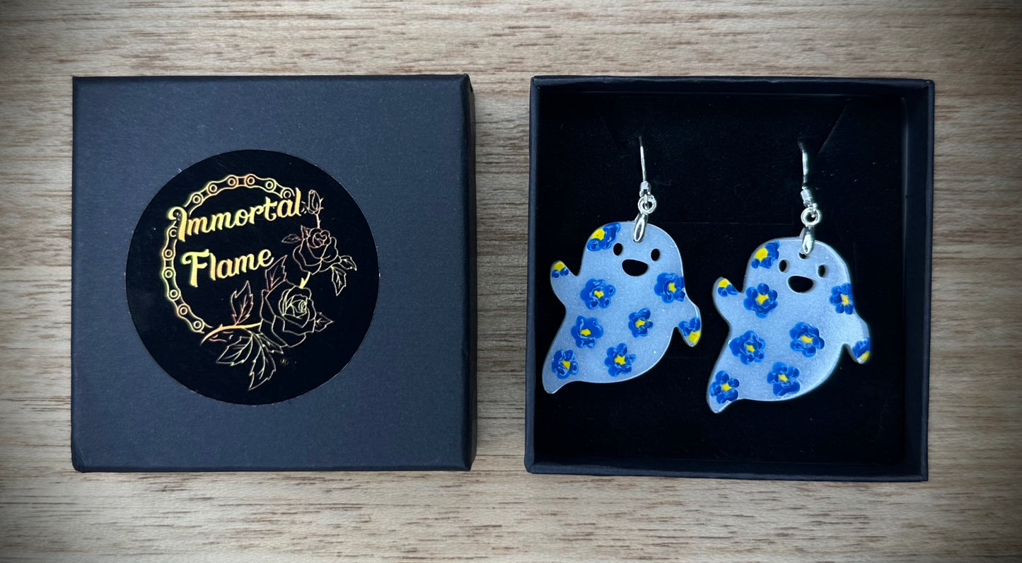 White Ghost Blue Flower Sterling Silver Earrings