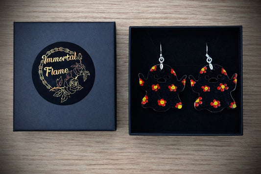Black Ghost Red Flower Sterling Silver Earrings