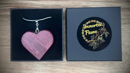 Purple Heart Hand Caved Wood Heart Sterling Silver Necklace