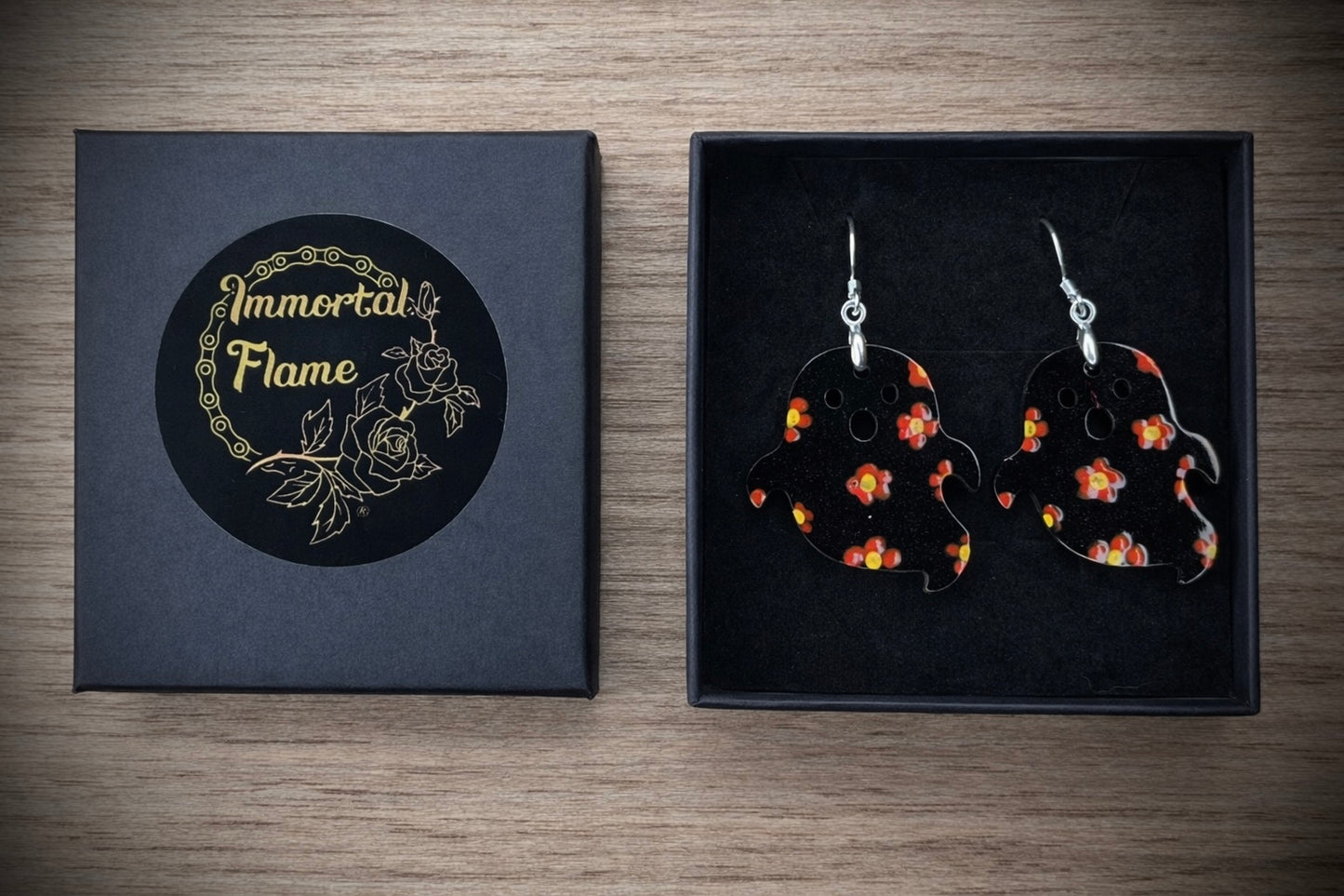 Black Ghost Red Flower Sterling Silver Earrings