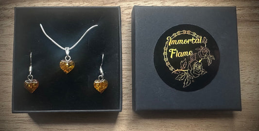 Hand Carved Baltic Amber Heart Sterling Silver Necklace and Earring Set
