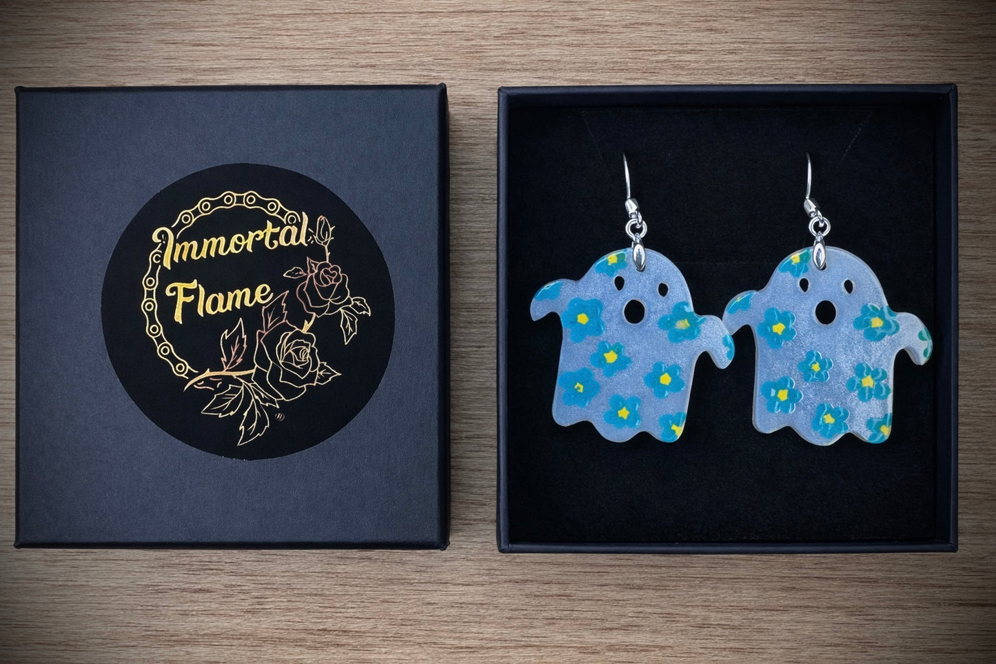 White Ghost Green Flower Sterling Silver Earrings