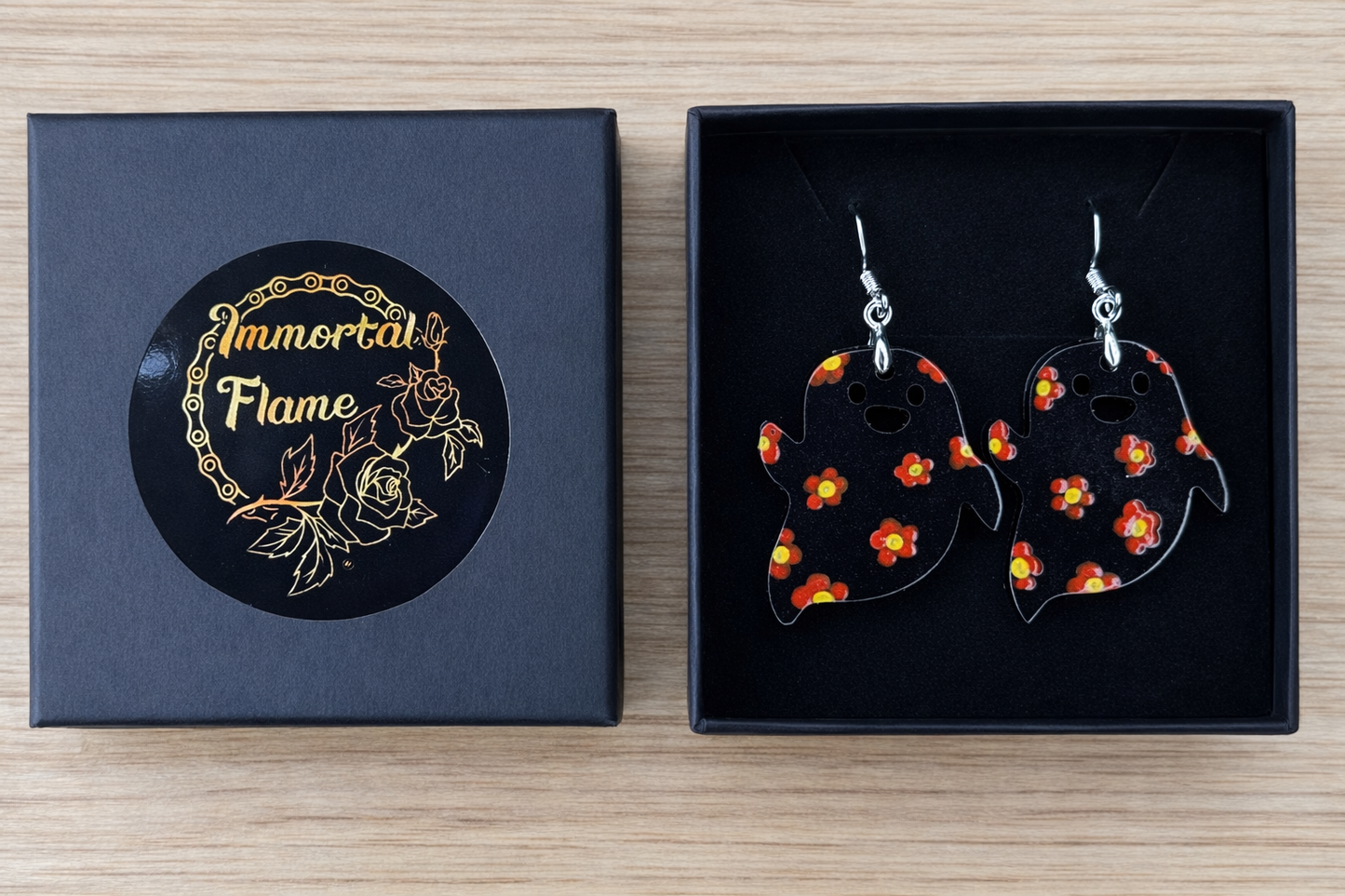 Black Ghost Red Flower Sterling Silver Earrings