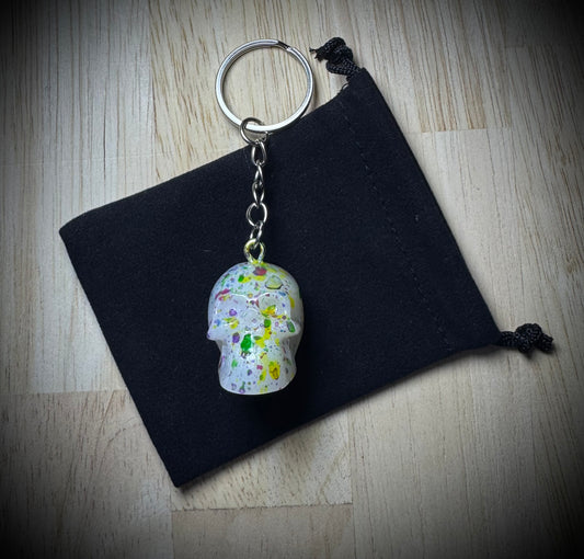 White Multi Colour Fleck Skull Keyring