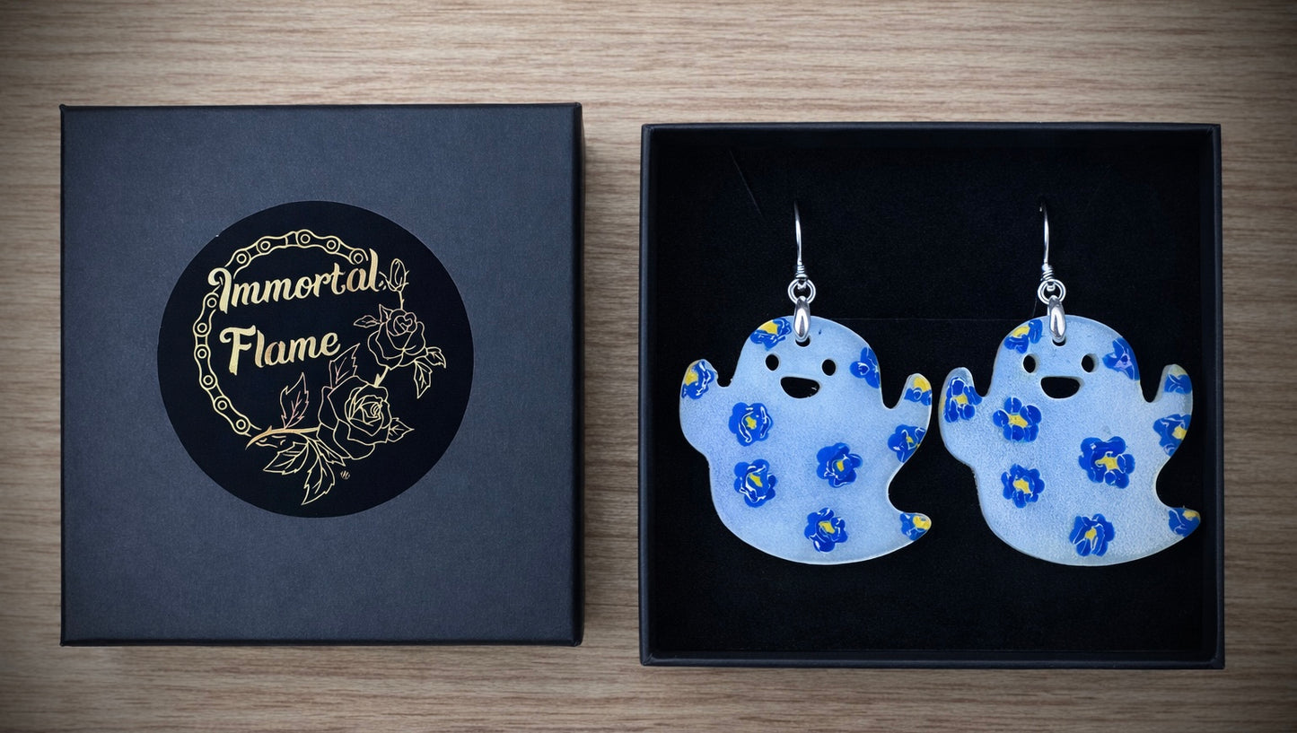 White Ghost Blue Flowers Sterling Silver Earrings