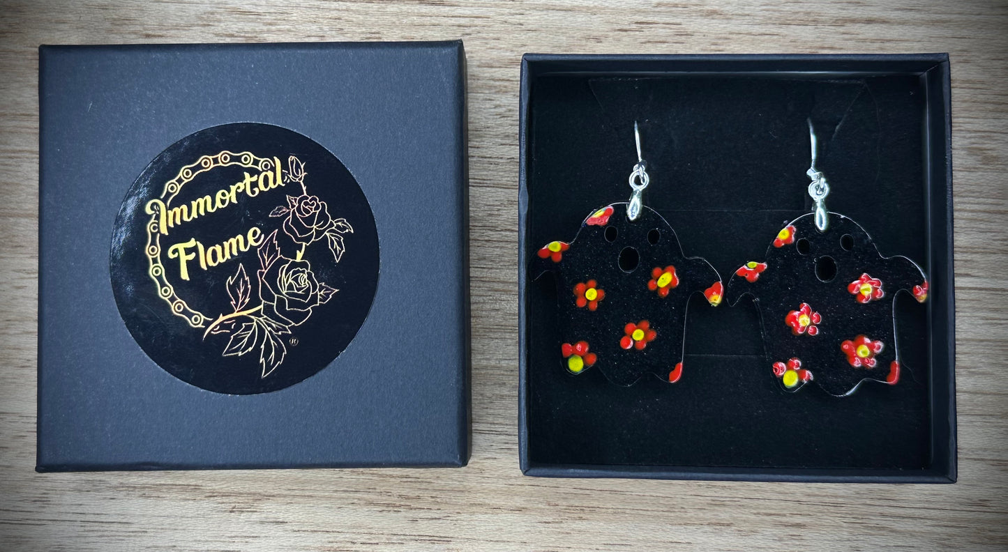 Black Ghost Red Flower Sterling Silver Earrings