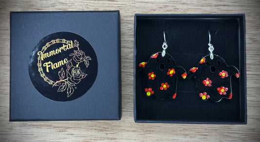 Black Ghost Red Flower Sterling Silver Earrings