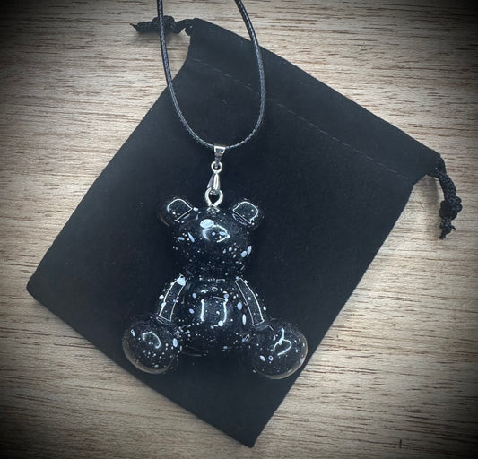 The Obsidian Fleck Resin Bear Cling Buddy Cord Necklace