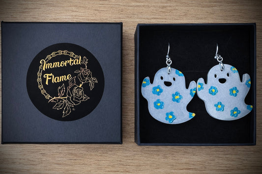 White Ghost Green Flower Sterling Silver Earrings