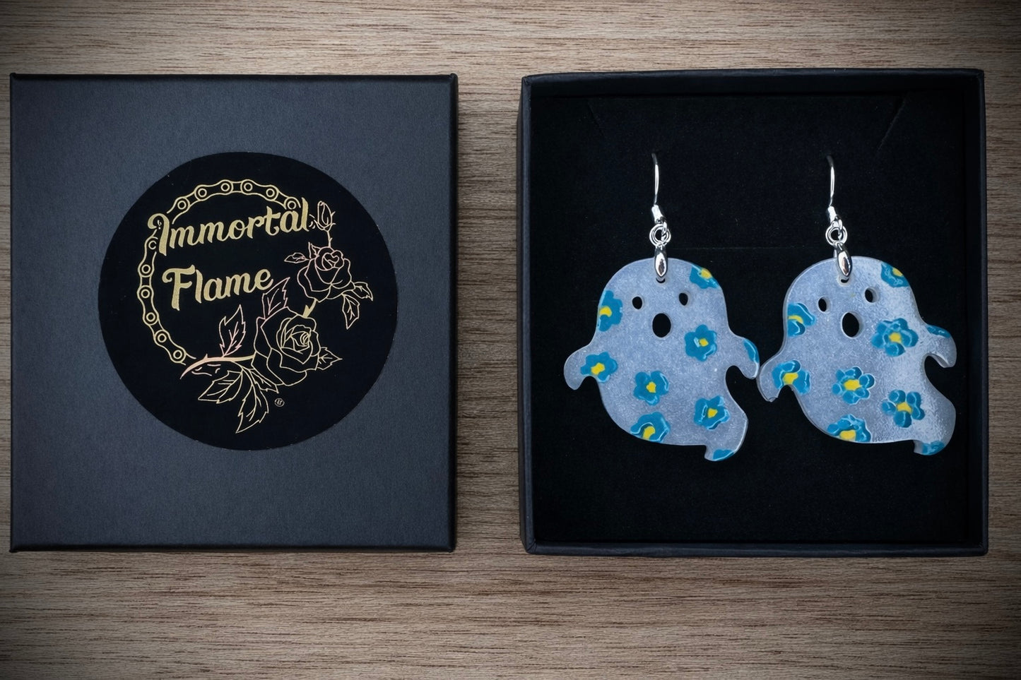 White Ghost Green Flower Sterling Silver Earrings