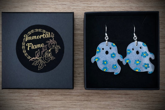 White Ghost Green Flower Sterling Silver Earrings